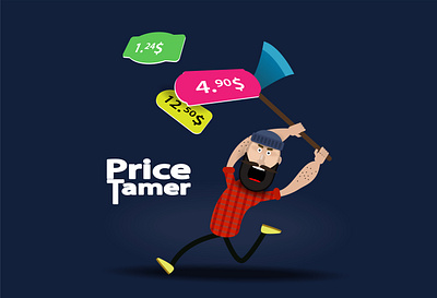 A woodcutter with an axe cuts price tags for goods branding design illustration logo vector website woodcutter