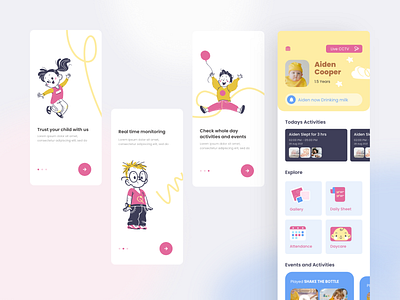 Mobile UI Design for a Daycare Centre adobexd cute daycare illustration kids mobile app onboarding play poppins yellow