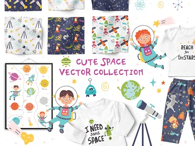 Cute Space Vector Collection astrology astronaut baby carpet character design flat galaxy illustration lettering monster nursery pattern planet poster robot solar system space universe vector zodiac sign