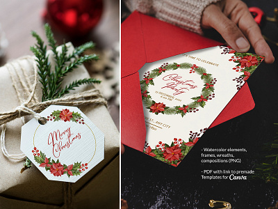 Christmas Florals, Poinsettia creativemarket illustration watercolor wreath xmas