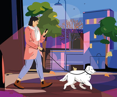 Dog walk character design dog graphic illustration pastel vector woman