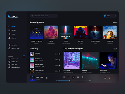 Echo Music Player app dashboard echo echo design echodesign music music dashboard music player music player dashboard music player web music web app ui ui cocept ui deisgn ui trend ui ux uiux ux web app