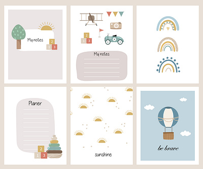 baby set of cards, prints and pattern блокнот вектор иллюстрация малыш набор открытка пирамидка ребенок самолет солнце