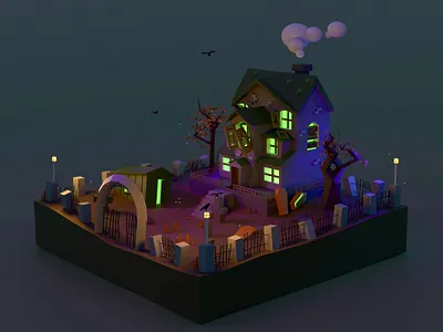 Halloween house 3d art cementery cinema4d design graphic design haloween house illustration motion graphics night spooky style ui