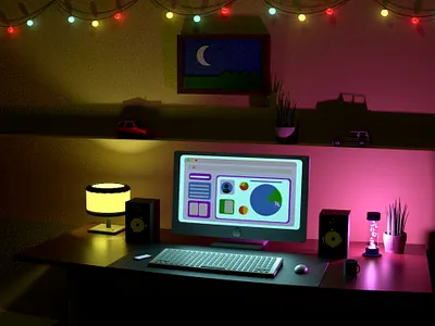 Workplace at night 3d animation apple art design desk graphic design illustration logo mac motion graphics neon night style table vector work workplace