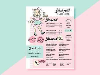 Harper's Hamburgers Menu Design brand design brand identity branding and identity burgers diner illustration layout design menu menu design milkshakes pastel pink restaurant branding retro typography