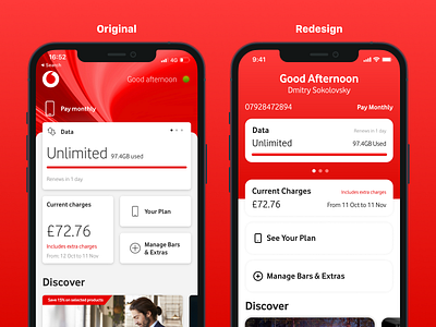 Vodafone Redesign app app design black clean contract graphic design interface iphone phone product design red redesign simple ui ui design user interface ux ux design vodafone white