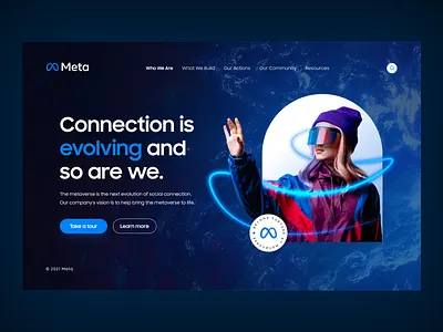 Meta – Hero Section 🌌 ar blue clean dribbble facebook futuristic galaxy glow graphic design hero manipulation meta metaverse minimalist neon slider ui uiux universe vr