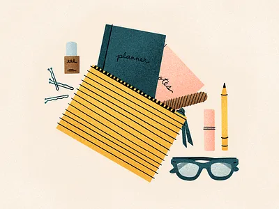 Tote Bag Essentials bobby pins branding design editorial flat illustration illustration illustrator journal lipstick planner procreate spot illustration sunglasses sunnies texture tote bag web illustration