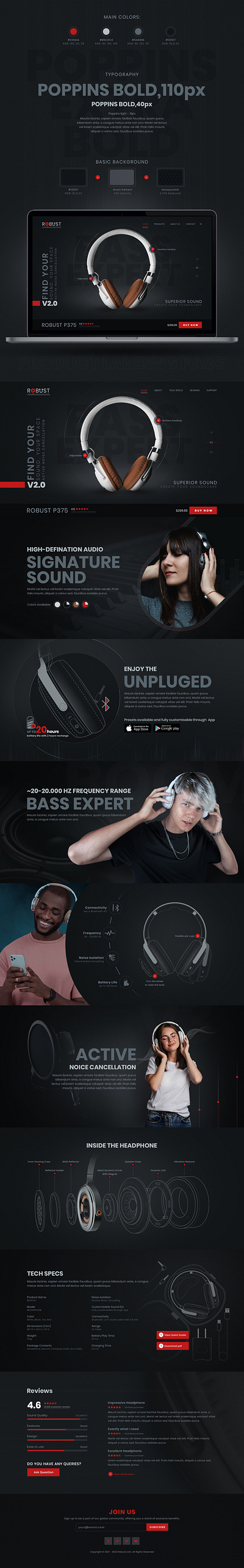 Robust black headphone landing page product sound ui website