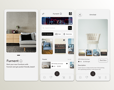 Furnent! app branding design furlenco furniture hybrid app icon illustration logo rent renting typography ui ux vector