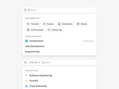 Search UI for Showwcase explore find form minimal search social web app