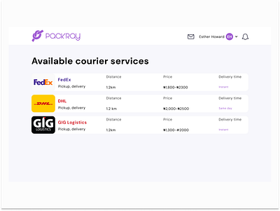 Packray - Available courier services