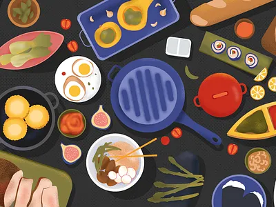 Food Layout 1/2 eggs fish food pan pizza plate pot