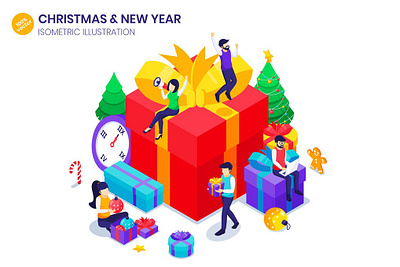 Celebrate New Year Isometric Illustration 2022 3d banner celebration character christmas concept gift happy holiday illustration isometric new people tree vector web web design website year