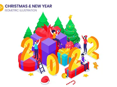 Happy New Year Isometric Illustration 2022 3d banners celebration character christmas concept gift happy holiday illustration isometric new people tree vector web web design website year