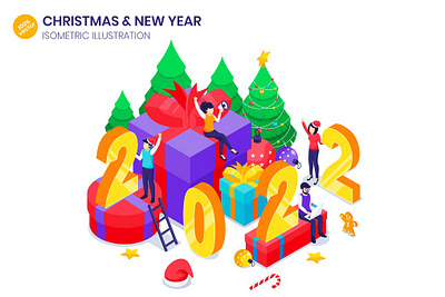 Happy New Year Isometric Illustration 2022 3d banners celebration character christmas concept gift happy holiday illustration isometric new people tree vector web web design website year