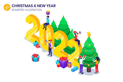 Celebrate New Year Isometric Illustration 2022 3d banner celebration character christmas concept gift happy holiday illustration isometric new people tree vector web web design website year