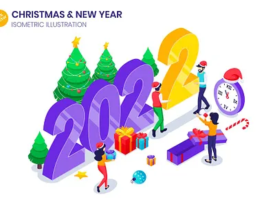 New Year Celebration Isometric Illustration 2022 3d banner celebration character christmas concept gift happy holiday illustration isometric new people tree vector web web design website year