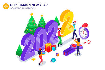 New Year Celebration Isometric Illustration 2022 3d banner celebration character christmas concept gift happy holiday illustration isometric new people tree vector web web design website year