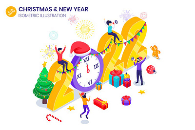 New Year Celebration Isometric Illustration 2022 3d banner celebration character christmas concept gift happy holiday illustration isometric new people tree vector web web design website year