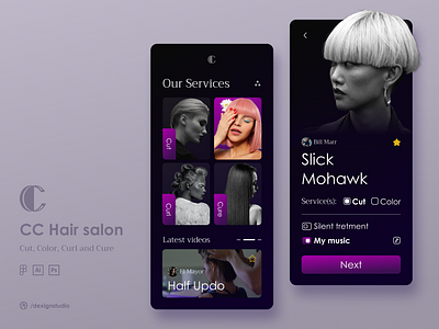 CC hair salon app art design fashion hair illustration logo make up mobile music salon style ui