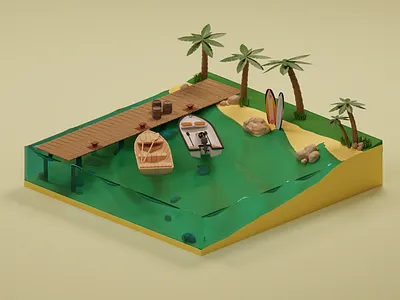 Beach,palms and boat. 3d 3d modeling beach blender design illustration isometric low poly