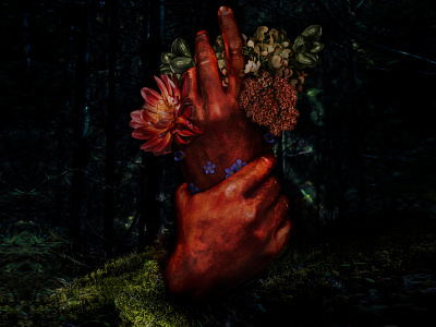 Collage with hand and butterfly, a little scary mood background blood butterfly collage design flowers forest hands illustration photo photohop print scary typography