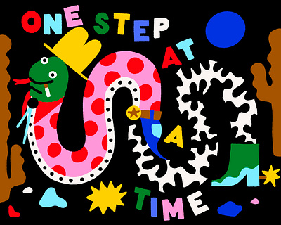 One Step At A Time bright colorful cowboy desert goofy illustration snake