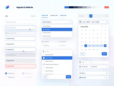 Inputs & Selects app design blue calendar checkbox clean components dashboard date picker design system dm sans folder form fields forms inputs purple radio button selects web app