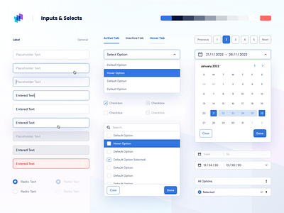 Inputs & Selects app design blue calendar checkbox clean components dashboard date picker design system dm sans folder form fields forms inputs purple radio button selects web app