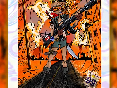 First NFT - Helen 'Cherry' Bomb apocolypse canada card comic effect fire girl gun illustration nft rainbow token