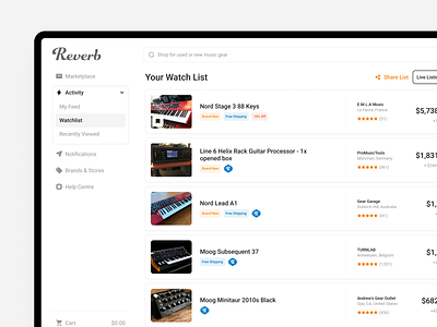 Reverb Concept pt.2 cards clean design ecommerce interface minimal modern music product product design search store ui ui design ux ux design web web design