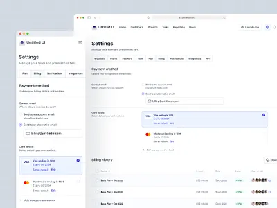 Billing settings — Untitled UI billing billing settings clean ui credit card settings dashboard dashboard nav design system figma invoices minimal minimalism payment preferences settings simple tabs ui kit web app