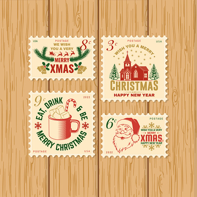 Christmas and Happy New Year retro postage stamp badge christmas graphic design logo postage stamp retro xmas