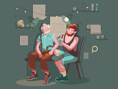 Tattoo Artist blue green illustrator lamp lighting man old man orange tattoo salon tattoos vector vinous