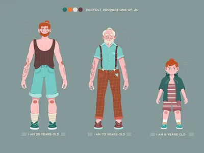 Proportions of a young , old, small man correct proportions green blue light beige man old man orange vector vinous young man