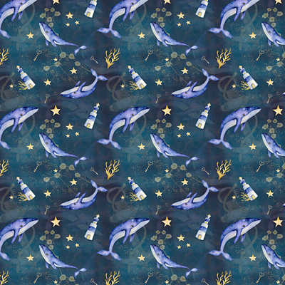 Whales in the ocean childrens textiles illustration lighthouses ocean scrapbooking seamless patter textile watercolor pattern watercolor print whales wrapping paper