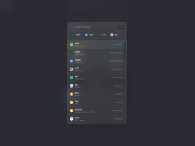 Token Selector Component - Dark Mode coin component crypto dark mode malaysia modal selector solana token
