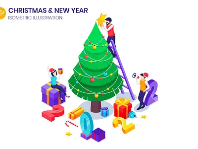 Christmas Tree Decoration Isometric Illustration 2022 3d celebration character christmas decoration gift holiday illustration isometric landing landing page new new year tree vector web web design web development website