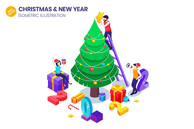 Christmas Tree Decoration Isometric Illustration 2022 3d celebration character christmas decoration gift holiday illustration isometric landing landing page new new year tree vector web web design web development website