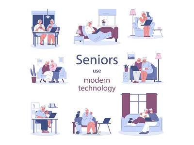 Set of modern seniors with laptop. branding character design dis elderly flat illustration kit modern people set technologies vector