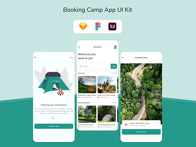 Booking Camp App UI Kit app back backup backupgraphic booking branding camp camping chand figma kit mobile sketch template theme travel trip ui ux xd