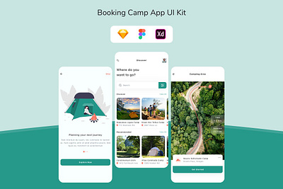 Booking Camp App UI Kit app back backup backupgraphic booking branding camp camping chand figma kit mobile sketch template theme travel trip ui ux xd