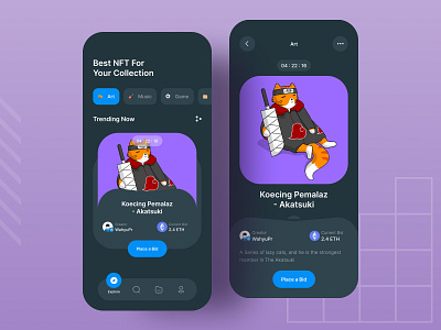 NFT Marketplace App anime app cat crypto cryptocurrency dark design figma illustration marketplace nft ui ux vector