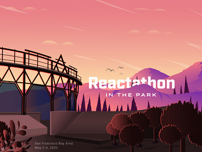 Reactathon Sunset Illustration amphitheater animation bay area cloud conference header hero image illustration home page illustration illustration meteor mountains park reactathon real world react san francisco sky sunset theater ui illustration vector