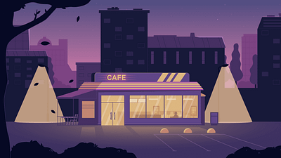 Night Cafe building cafe city city view design flat graphic design illustration isometric night street vector violet