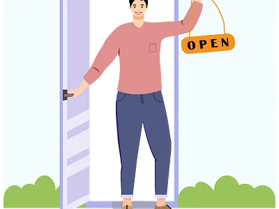 Мужчина 2 (с табличкой OPEN) smiling