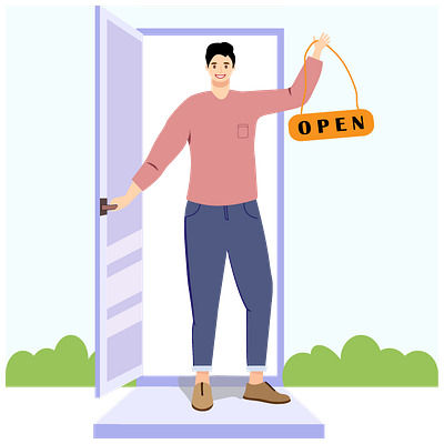 Мужчина 2 (с табличкой OPEN) smiling