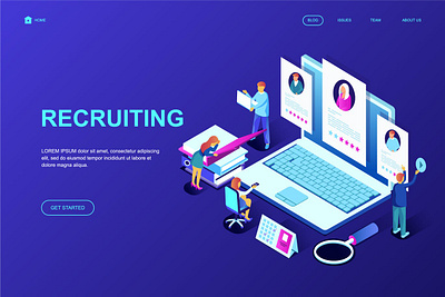 Recruiting Isometric Landing Page Template 3d background business characters concept dashboard design illustration isometric isometry landing page people resource template ui ux web website wireframe